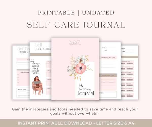 Self-Care Journal, Personalized Reflection, Customizable Journal Pages, Daily Affirmations, Inspirational Affirmations, Gratitude, Joy, Self-Care Strategies, Mindfulness, Wellness, Self-Care Prompts, Self-Care Activities, Peace and Balance, Progress Tracking, Monthly Trackers, Weekly Trackers, Achievements, Continuous Growth, Healthier You, Happier You, Tranquillity