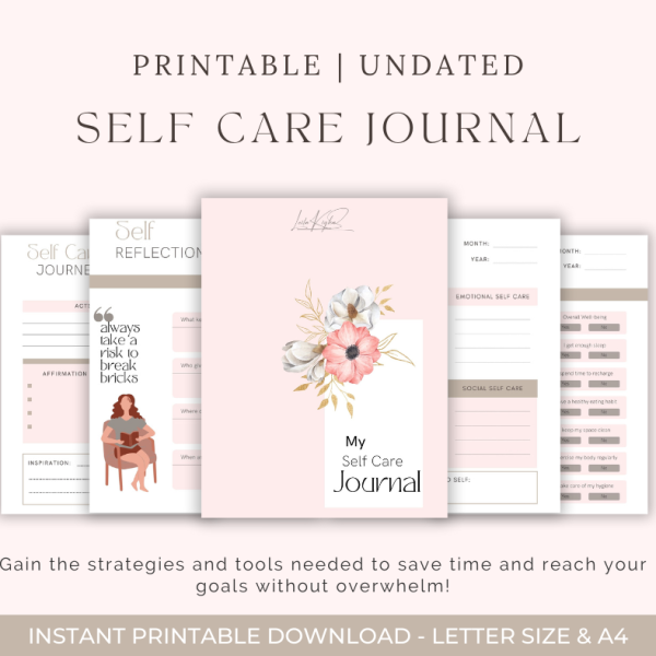 Self-Care Journal, Personalized Reflection, Customizable Journal Pages, Daily Affirmations, Inspirational Affirmations, Gratitude, Joy, Self-Care Strategies, Mindfulness, Wellness, Self-Care Prompts, Self-Care Activities, Peace and Balance, Progress Tracking, Monthly Trackers, Weekly Trackers, Achievements, Continuous Growth, Healthier You, Happier You, Tranquillity